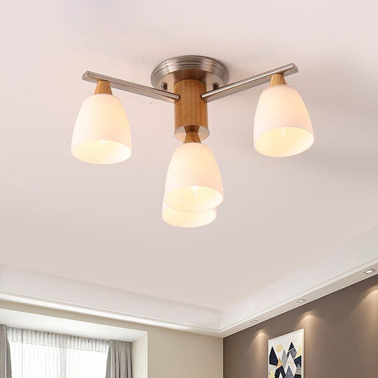 4 Lights Tapered Semi Flush Light Modern White Glass Semi Flush Mount Light in Wood Clearhalo 'Ceiling Lights' 'Chandeliers' 'Close To Ceiling Lights' 'Close to ceiling' 'Glass shade' 'Glass' 'Semi-flushmount' Lighting' 666918