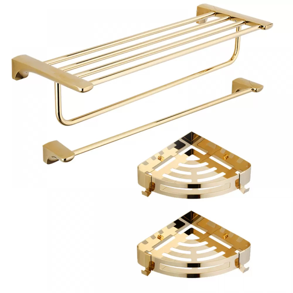 Traditional Bathroom Hardware Gold Bath Shelf Bathroom Accessory Kit 4-Piece Set(Single Rod) Clearhalo 'Bathroom Hardware Sets' 'Bathroom Hardware' 'Bathroom Remodel & Bathroom Fixtures' 'bathroom_hardware_sets' 'Home Improvement' 'home_improvement' 'home_improvement_bathroom_hardware_sets' 6676009