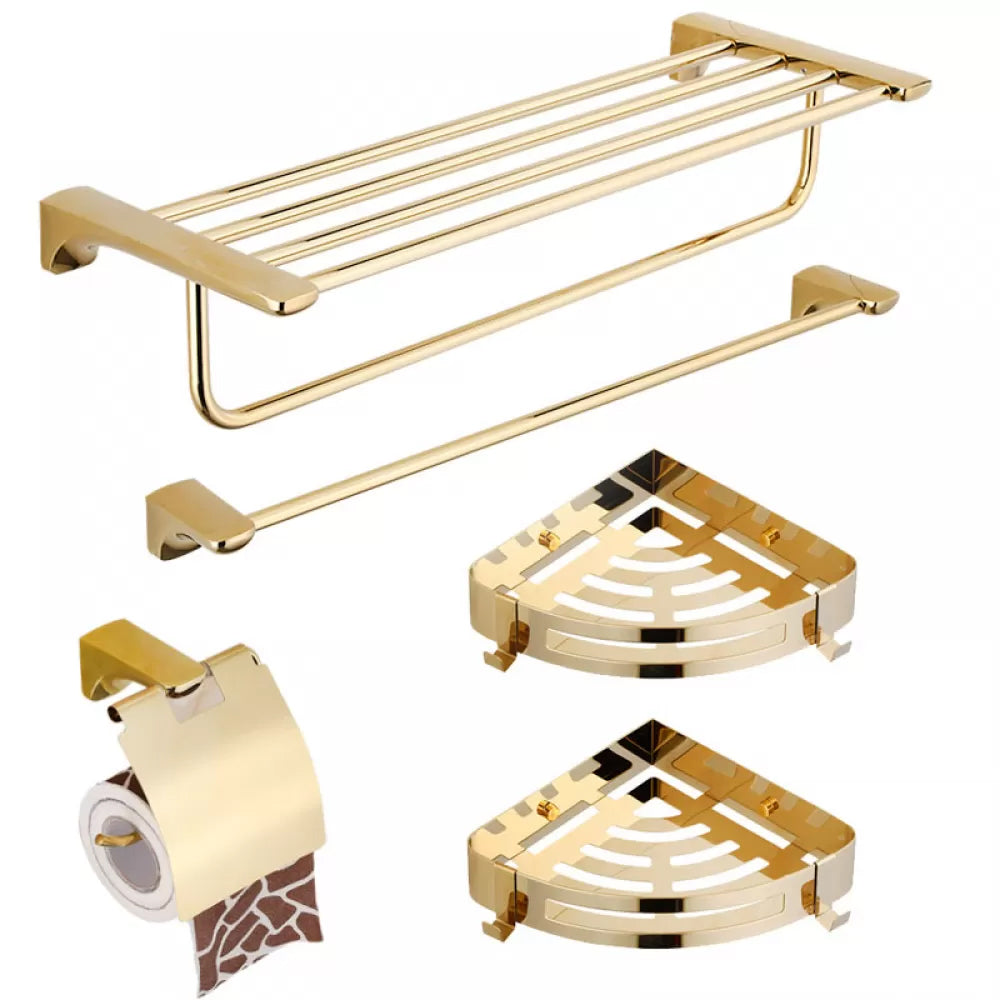 Traditional Bathroom Hardware Gold Bath Shelf Bathroom Accessory Kit 5-Piece Set (Single Rod) Clearhalo 'Bathroom Hardware Sets' 'Bathroom Hardware' 'Bathroom Remodel & Bathroom Fixtures' 'bathroom_hardware_sets' 'Home Improvement' 'home_improvement' 'home_improvement_bathroom_hardware_sets' 6676011