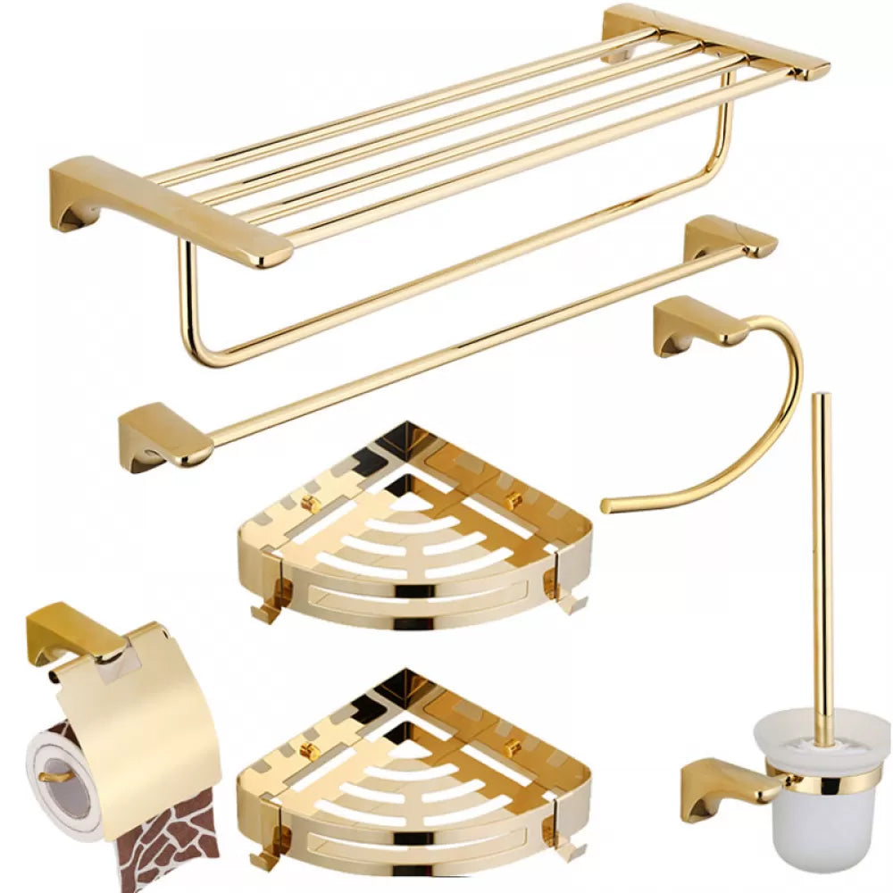 Traditional Bathroom Hardware Gold Bath Shelf Bathroom Accessory Kit 7-Piece Set (Single Rod) Clearhalo 'Bathroom Hardware Sets' 'Bathroom Hardware' 'Bathroom Remodel & Bathroom Fixtures' 'bathroom_hardware_sets' 'Home Improvement' 'home_improvement' 'home_improvement_bathroom_hardware_sets' 6676015