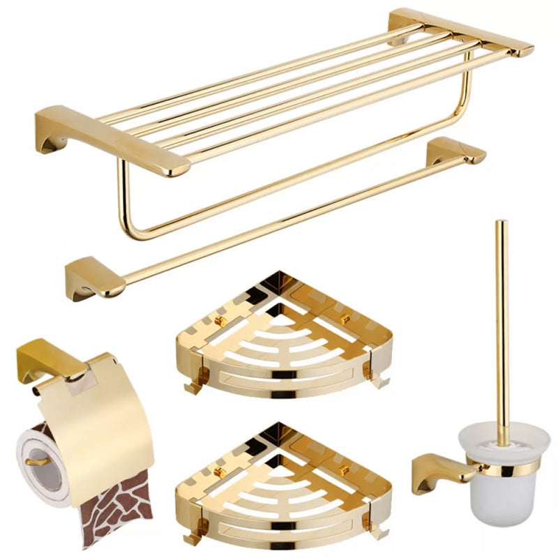 Traditional Bathroom Hardware Gold Bath Shelf Bathroom Accessory Kit 6-Piece Set (Single Rod) Clearhalo 'Bathroom Hardware Sets' 'Bathroom Hardware' 'Bathroom Remodel & Bathroom Fixtures' 'bathroom_hardware_sets' 'Home Improvement' 'home_improvement' 'home_improvement_bathroom_hardware_sets' 6676018