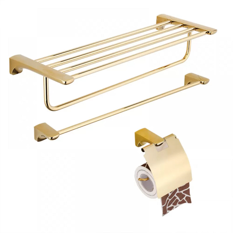 Traditional Bathroom Hardware Gold Bath Shelf Bathroom Accessory Kit 3-Piece Set (Single Rod) Clearhalo 'Bathroom Hardware Sets' 'Bathroom Hardware' 'Bathroom Remodel & Bathroom Fixtures' 'bathroom_hardware_sets' 'Home Improvement' 'home_improvement' 'home_improvement_bathroom_hardware_sets' 6676027