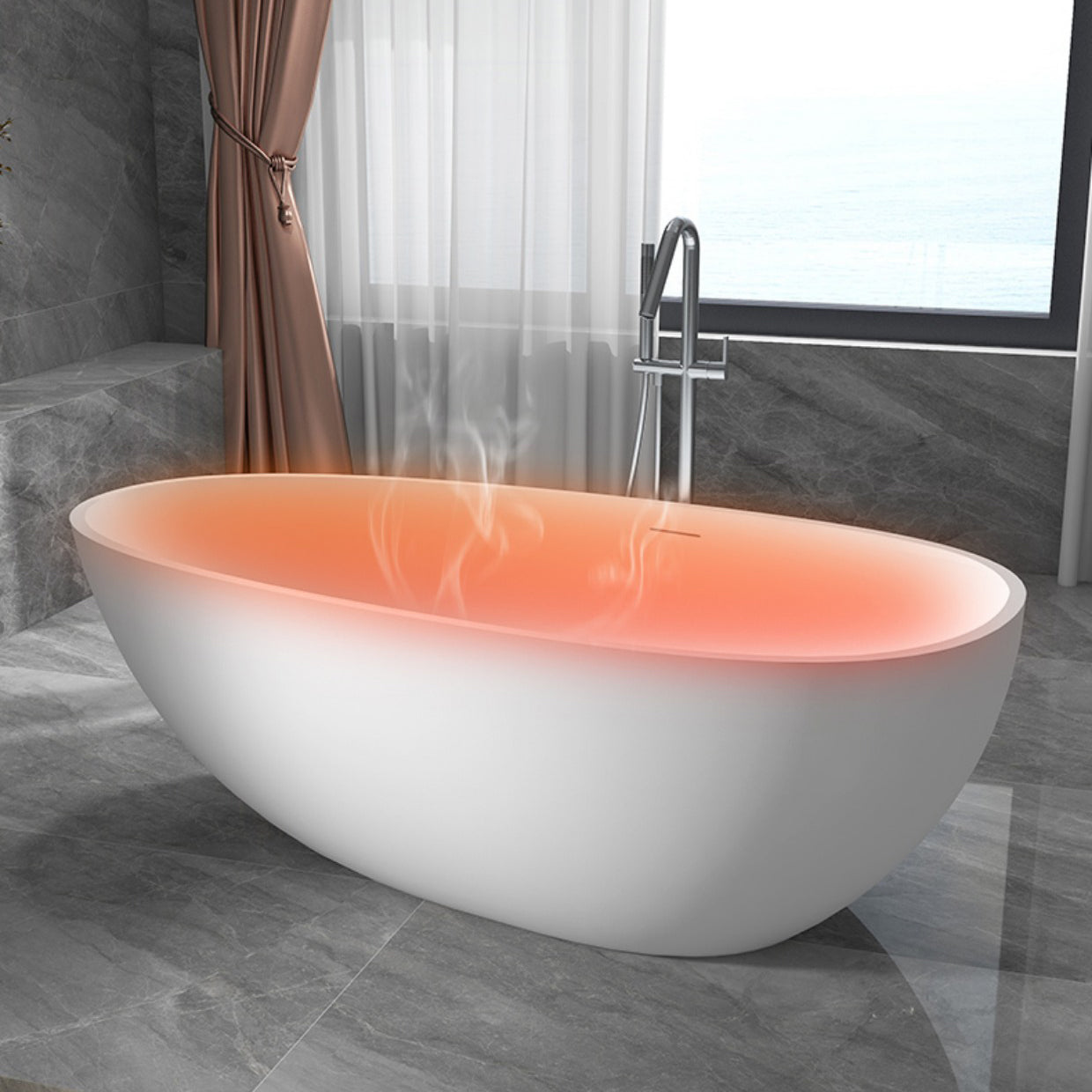 Modern Ellipse White Bathtub Stone Freestanding Soaking Bathtub with Drain Bath Tub Clearhalo 'Bathroom Remodel & Bathroom Fixtures' 'Bathtubs' 'Home Improvement' 'home_improvement' 'home_improvement_bathtubs' 'Showers & Bathtubs' 6676607