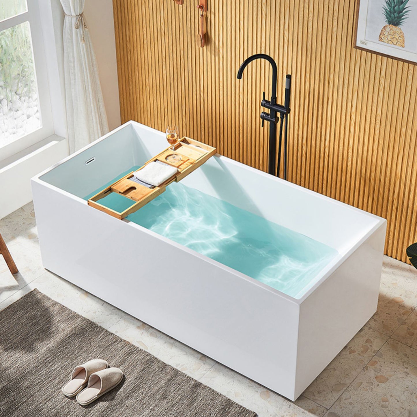 Modern Rectangle Acrylic Bathtub Freestand Soaking Bathtub with Drain Bath Tub White 59"L x 28"W x 23"H Clearhalo 'Bathroom Remodel & Bathroom Fixtures' 'Bathtubs' 'Home Improvement' 'home_improvement' 'home_improvement_bathtubs' 'Showers & Bathtubs' 6676677