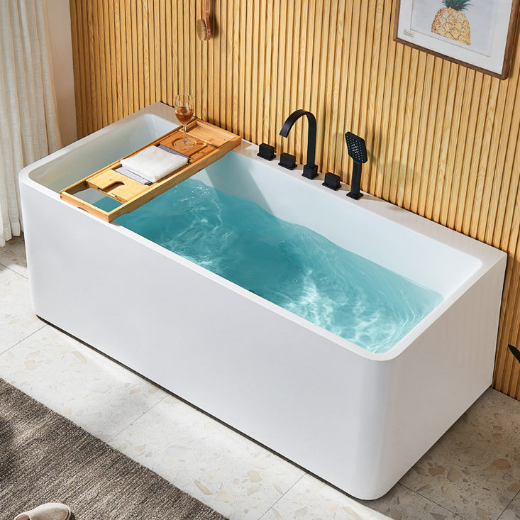 Modern Acrylic Rectangle Bathtub White Back to Wall with Drain Bath Tub White 55"L x 30"W x 23"H Tub with Black 5-Piece Set Clearhalo 'Bathroom Remodel & Bathroom Fixtures' 'Bathtubs' 'Home Improvement' 'home_improvement' 'home_improvement_bathtubs' 'Showers & Bathtubs' 6676703