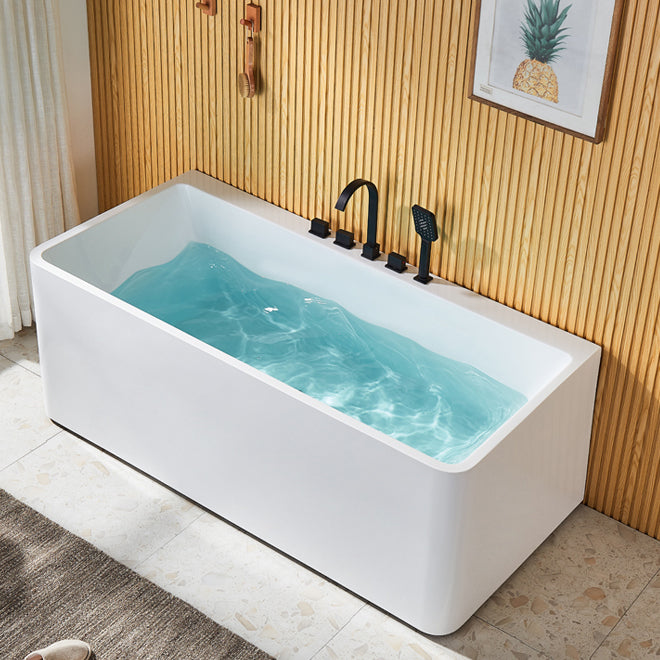 Modern Acrylic Rectangle Bathtub White Back to Wall with Drain Bath Tub White Tub with Black 5-Piece Set Clearhalo 'Bathroom Remodel & Bathroom Fixtures' 'Bathtubs' 'Home Improvement' 'home_improvement' 'home_improvement_bathtubs' 'Showers & Bathtubs' 6676710
