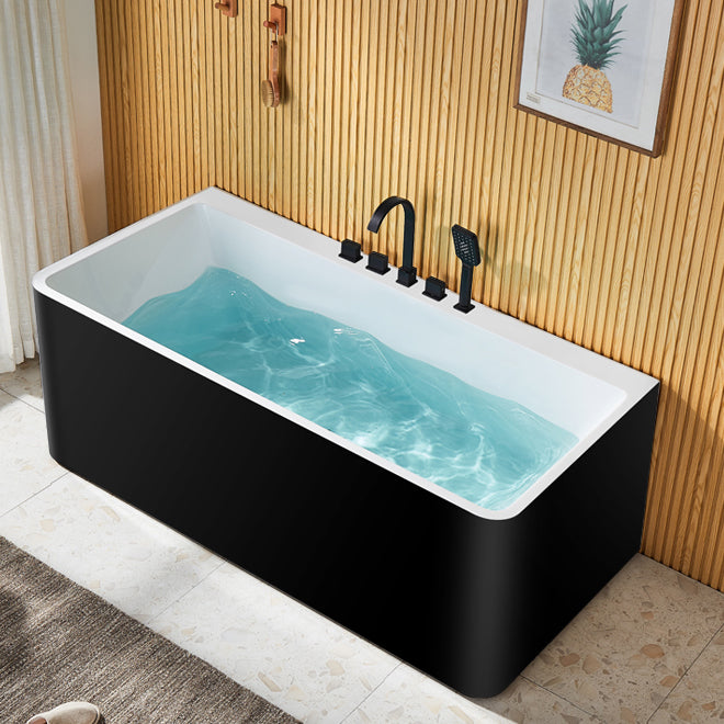 Modern Acrylic Rectangle Bathtub White Back to Wall with Drain Bath Tub Black White Tub with Black 5-Piece Set Clearhalo 'Bathroom Remodel & Bathroom Fixtures' 'Bathtubs' 'Home Improvement' 'home_improvement' 'home_improvement_bathtubs' 'Showers & Bathtubs' 6676713