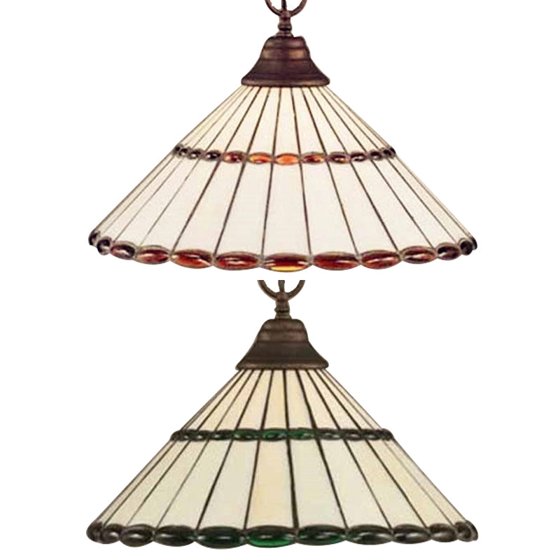 Brown/Green Hand Cut Glass Tapered Suspension Lamp Tiffany-Style 1 Head Pendant Light Fixture Clearhalo 'Ceiling Lights' 'Industrial' 'Middle Century Pendants' 'Pendant Lights' 'Pendants' 'Tiffany close to ceiling' 'Tiffany Pendants' 'Tiffany' Lighting' 66794