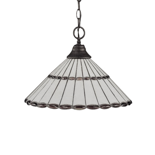 Brown/Green Hand Cut Glass Tapered Suspension Lamp Tiffany-Style 1 Head Pendant Light Fixture Clearhalo 'Ceiling Lights' 'Industrial' 'Middle Century Pendants' 'Pendant Lights' 'Pendants' 'Tiffany close to ceiling' 'Tiffany Pendants' 'Tiffany' Lighting' 66796