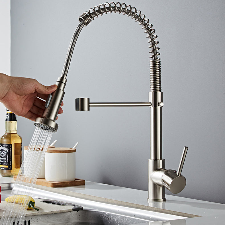 Contemporary Kitchen Faucet Copper 1-Handle High Arc Spring Spout Kitchen Faucet Silver Clearhalo 'Home Improvement' 'home_improvement' 'home_improvement_kitchen_faucets' 'Kitchen Faucets' 'Kitchen Remodel & Kitchen Fixtures' 'Kitchen Sinks & Faucet Components' 'kitchen_faucets' 6680914