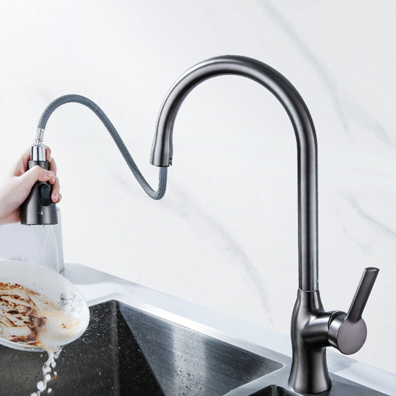 Contemporary Kitchen Faucet Copper 1-Handle High Arc Retractable Kitchen Faucet Silver Gray Clearhalo 'Home Improvement' 'home_improvement' 'home_improvement_kitchen_faucets' 'Kitchen Faucets' 'Kitchen Remodel & Kitchen Fixtures' 'Kitchen Sinks & Faucet Components' 'kitchen_faucets' 6680933
