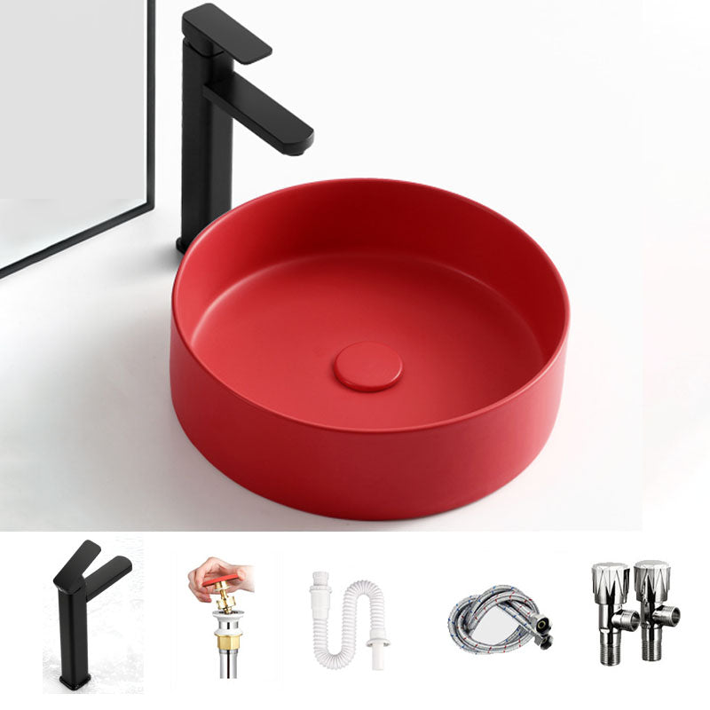 Modern Vessel Bathroom Sink Round Porcelain with Overflow And Drain Assembly Vessel Sink Red Square Faucet Clearhalo 'Bathroom Remodel & Bathroom Fixtures' 'Bathroom Sinks & Faucet Components' 'Bathroom Sinks' 'bathroom_sink' 'Home Improvement' 'home_improvement' 'home_improvement_bathroom_sink' 6681358