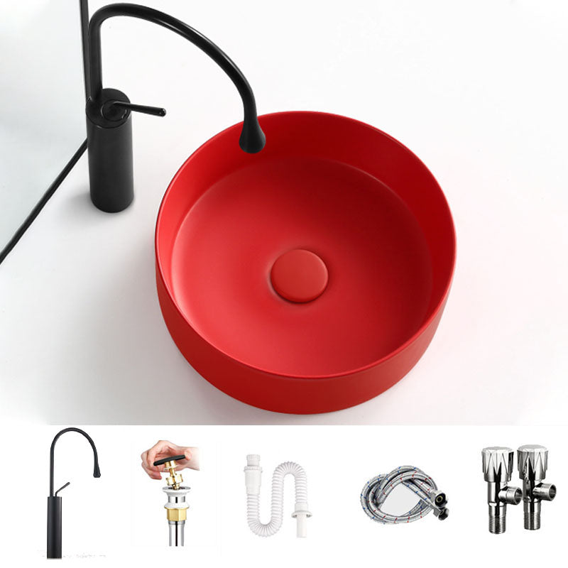 Modern Vessel Bathroom Sink Round Porcelain with Overflow And Drain Assembly Vessel Sink Red Gooseneck Faucet Clearhalo 'Bathroom Remodel & Bathroom Fixtures' 'Bathroom Sinks & Faucet Components' 'Bathroom Sinks' 'bathroom_sink' 'Home Improvement' 'home_improvement' 'home_improvement_bathroom_sink' 6681366