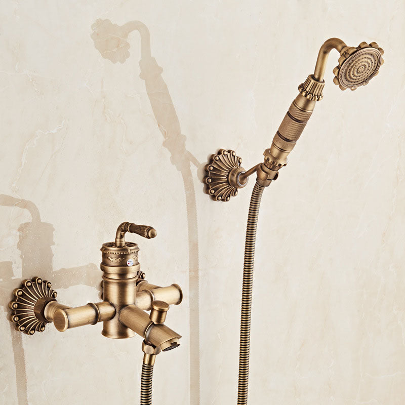 Wall Mounted Metal Freestanding Tub Filler Copper Freestanding Faucet Gold Lever Handles 3 Hole Faucets Clearhalo 'Bathroom Remodel & Bathroom Fixtures' 'Bathtub Faucets' 'bathtub_faucets' 'Home Improvement' 'home_improvement' 'home_improvement_bathtub_faucets' 6681428