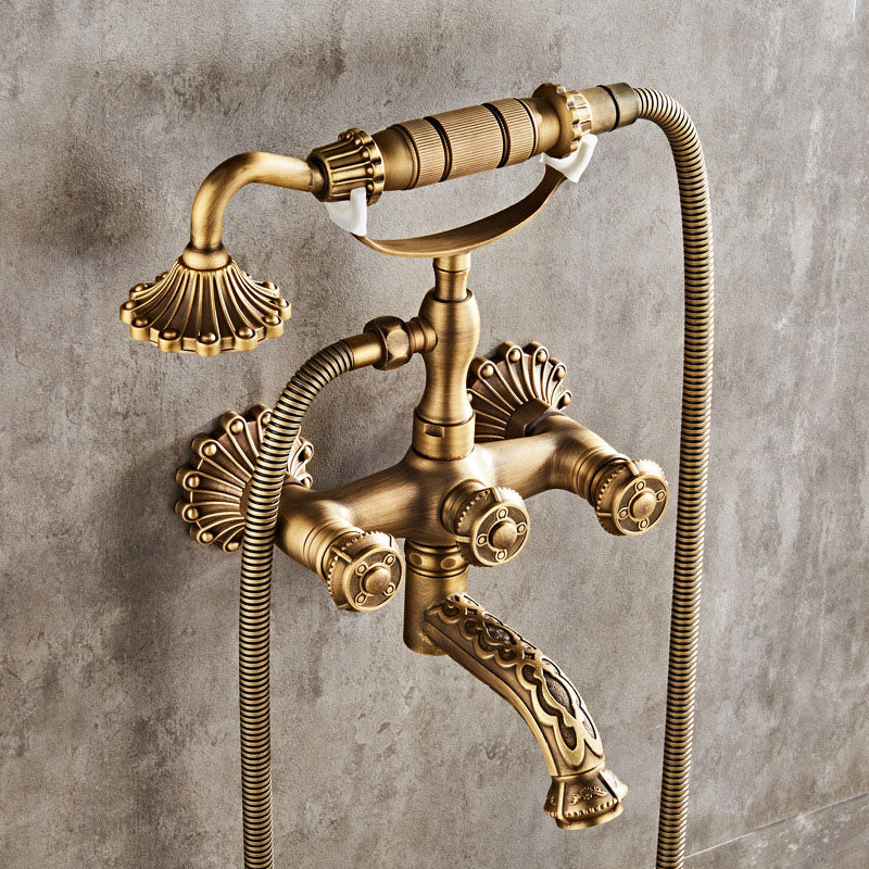 Wall Mounted Metal Freestanding Tub Filler Copper Freestanding Faucet Gold Knob Handles 2 Hole Faucets Clearhalo 'Bathroom Remodel & Bathroom Fixtures' 'Bathtub Faucets' 'bathtub_faucets' 'Home Improvement' 'home_improvement' 'home_improvement_bathtub_faucets' 6681431