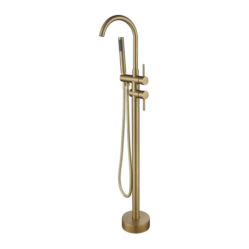Floor Mounted Metal Freestanding Tub Filler Double Handles Freestanding Faucet with Hose Dark Gold Gooseneck Clearhalo 'Bathroom Remodel & Bathroom Fixtures' 'Bathtub Faucets' 'bathtub_faucets' 'Home Improvement' 'home_improvement' 'home_improvement_bathtub_faucets' 6681441