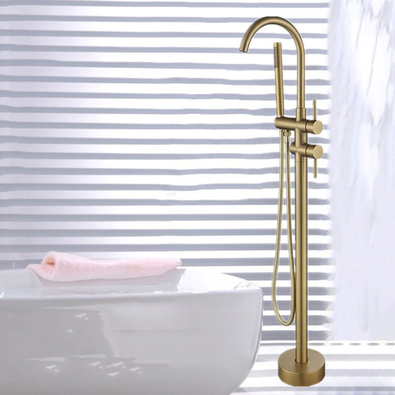 Floor Mounted Metal Freestanding Tub Filler Double Handles Freestanding Faucet with Hose Gold Gooseneck Clearhalo 'Bathroom Remodel & Bathroom Fixtures' 'Bathtub Faucets' 'bathtub_faucets' 'Home Improvement' 'home_improvement' 'home_improvement_bathtub_faucets' 6681444