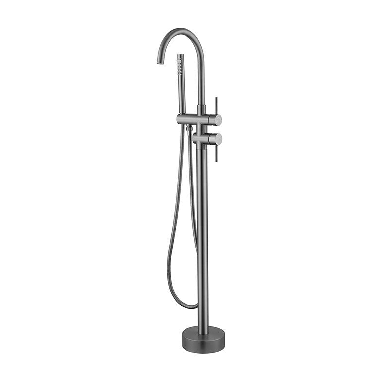 Floor Mounted Metal Freestanding Tub Filler Double Handles Freestanding Faucet with Hose Gun Grey Gooseneck Clearhalo 'Bathroom Remodel & Bathroom Fixtures' 'Bathtub Faucets' 'bathtub_faucets' 'Home Improvement' 'home_improvement' 'home_improvement_bathtub_faucets' 6681445