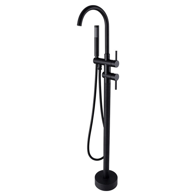 Floor Mounted Metal Freestanding Tub Filler Double Handles Freestanding Faucet with Hose Clearhalo 'Bathroom Remodel & Bathroom Fixtures' 'Bathtub Faucets' 'bathtub_faucets' 'Home Improvement' 'home_improvement' 'home_improvement_bathtub_faucets' 6681447