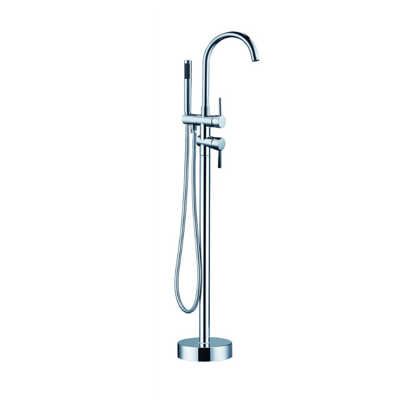 Floor Mounted Metal Freestanding Tub Filler Double Handles Freestanding Faucet with Hose Chrome Gooseneck Clearhalo 'Bathroom Remodel & Bathroom Fixtures' 'Bathtub Faucets' 'bathtub_faucets' 'Home Improvement' 'home_improvement' 'home_improvement_bathtub_faucets' 6681450