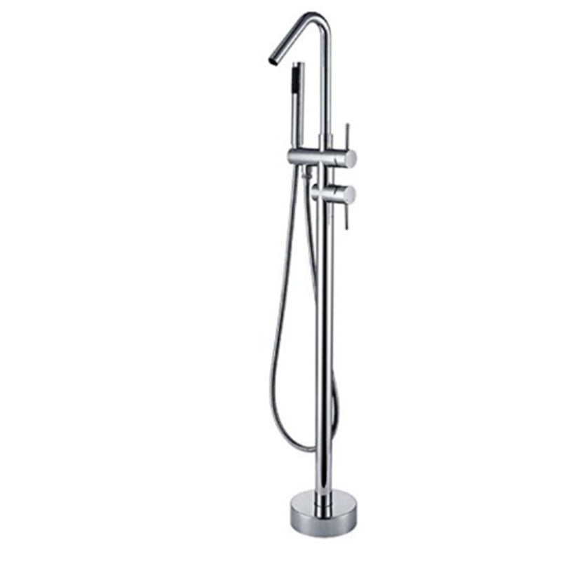 Floor Mounted Metal Freestanding Tub Filler Double Handles Freestanding Faucet with Hose Chrome Hook Shape Clearhalo 'Bathroom Remodel & Bathroom Fixtures' 'Bathtub Faucets' 'bathtub_faucets' 'Home Improvement' 'home_improvement' 'home_improvement_bathtub_faucets' 6681452