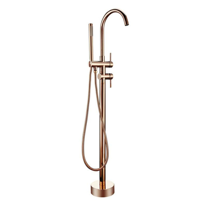 Floor Mounted Metal Freestanding Tub Filler Double Handles Freestanding Faucet with Hose Rose Gold Gooseneck Clearhalo 'Bathroom Remodel & Bathroom Fixtures' 'Bathtub Faucets' 'bathtub_faucets' 'Home Improvement' 'home_improvement' 'home_improvement_bathtub_faucets' 6681454