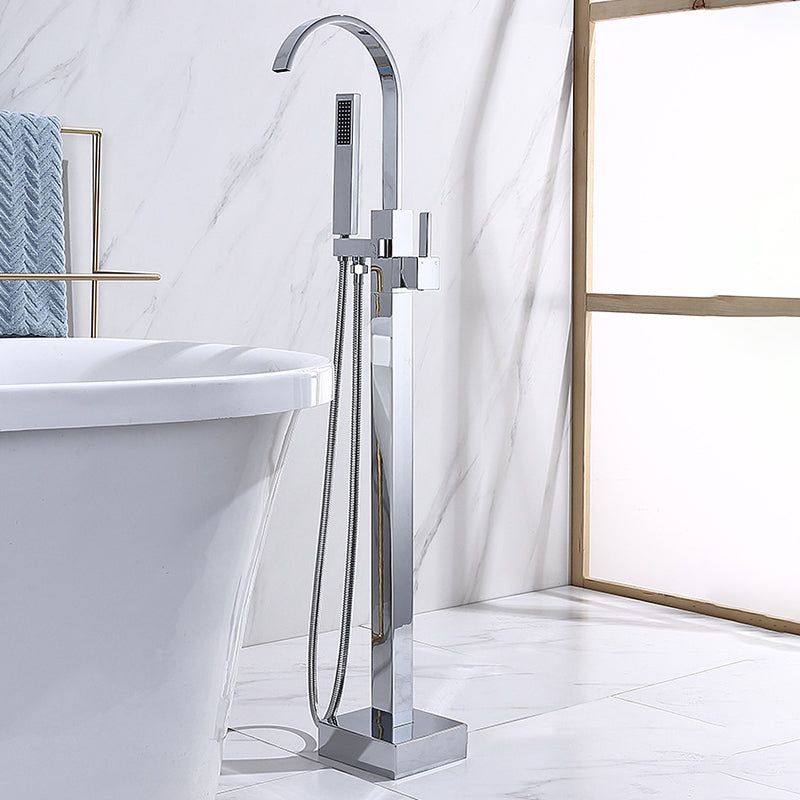 Freestanding Bathtub Faucet Floor Mounted One Lever Handle with Hose Chrome Square Ground Clearhalo 'Bathroom Remodel & Bathroom Fixtures' 'Bathtub Faucets' 'bathtub_faucets' 'Home Improvement' 'home_improvement' 'home_improvement_bathtub_faucets' 6681464