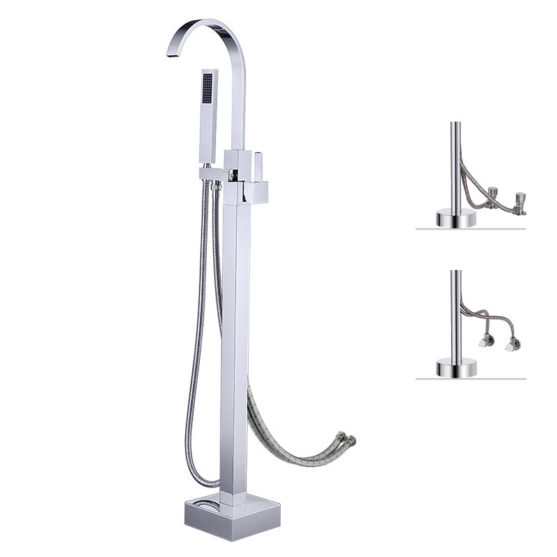 Freestanding Bathtub Faucet Floor Mounted One Lever Handle with Hose Chrome Square Wall Clearhalo 'Bathroom Remodel & Bathroom Fixtures' 'Bathtub Faucets' 'bathtub_faucets' 'Home Improvement' 'home_improvement' 'home_improvement_bathtub_faucets' 6681465