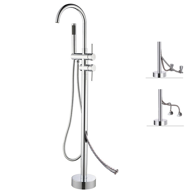 Freestanding Bathtub Faucet Floor Mounted One Lever Handle with Hose Chrome Gooseneck Wall Clearhalo 'Bathroom Remodel & Bathroom Fixtures' 'Bathtub Faucets' 'bathtub_faucets' 'Home Improvement' 'home_improvement' 'home_improvement_bathtub_faucets' 6681466