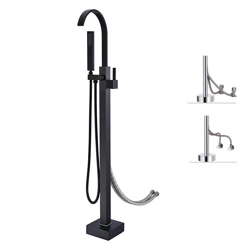 Freestanding Bathtub Faucet Floor Mounted One Lever Handle with Hose Black Square Wall Clearhalo 'Bathroom Remodel & Bathroom Fixtures' 'Bathtub Faucets' 'bathtub_faucets' 'Home Improvement' 'home_improvement' 'home_improvement_bathtub_faucets' 6681472