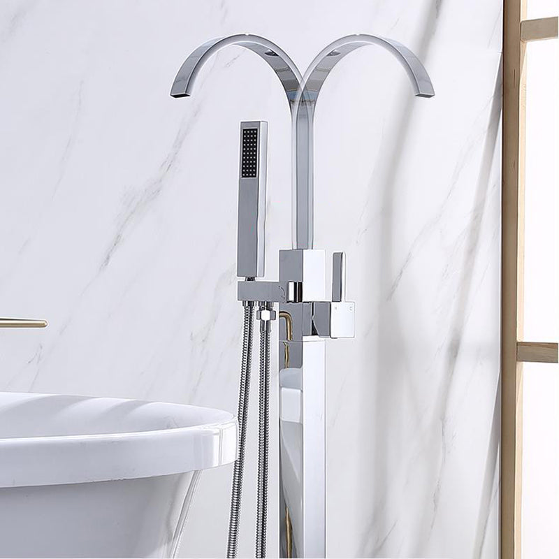 Freestanding Bathtub Faucet Floor Mounted One Lever Handle with Hose Clearhalo 'Bathroom Remodel & Bathroom Fixtures' 'Bathtub Faucets' 'bathtub_faucets' 'Home Improvement' 'home_improvement' 'home_improvement_bathtub_faucets' 6681479