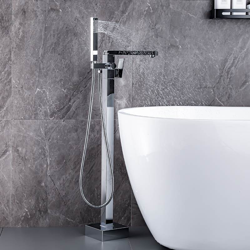 Contemporary Style Freestanding Bathtub Faucet Floor Mounted Freestanding Tub Filler Silver Hand Shower Included Ground Clearhalo 'Bathroom Remodel & Bathroom Fixtures' 'Bathtub Faucets' 'bathtub_faucets' 'Home Improvement' 'home_improvement' 'home_improvement_bathtub_faucets' 6681565
