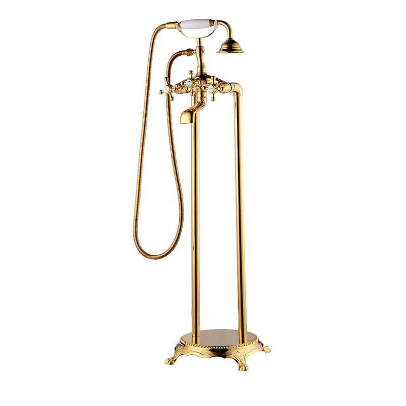 Floor Mounted Freestanding Tub Filler Modern Style Metal Freestanding Tub Filler Gold Hand Shower Included Clearhalo 'Bathroom Remodel & Bathroom Fixtures' 'Bathtub Faucets' 'bathtub_faucets' 'Home Improvement' 'home_improvement' 'home_improvement_bathtub_faucets' 6681583