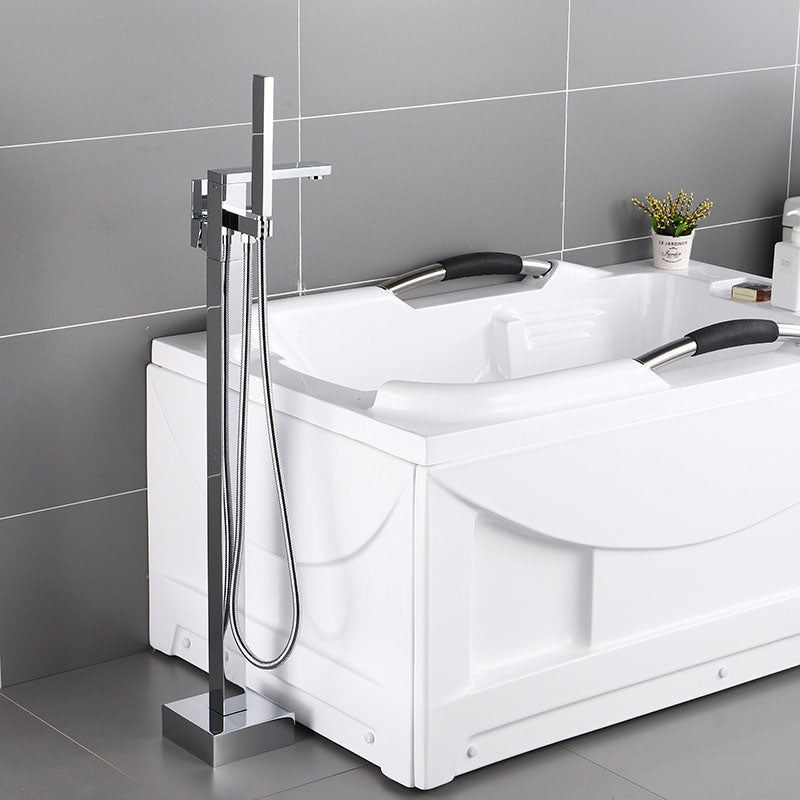 Floor Mounted Freestanding Tub Filler Modern Style Metal Freestanding Tub Filler Silver Hand Shower Included Clearhalo 'Bathroom Remodel & Bathroom Fixtures' 'Bathtub Faucets' 'bathtub_faucets' 'Home Improvement' 'home_improvement' 'home_improvement_bathtub_faucets' 6681585