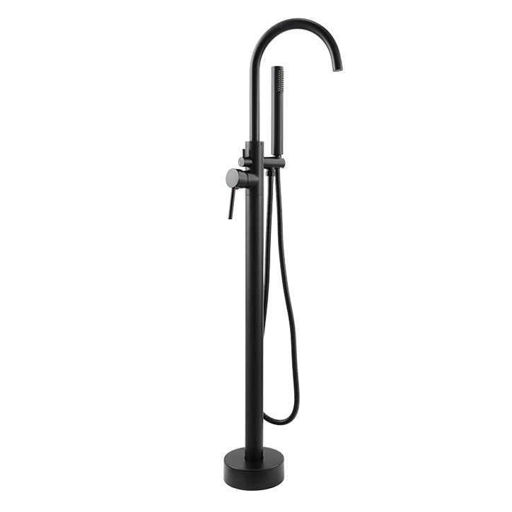 Contemporary Metal Freestanding Faucet Floor Mounted Freestanding Bathtub Faucet Black Hand Shower Included Ground Clearhalo 'Bathroom Remodel & Bathroom Fixtures' 'Bathtub Faucets' 'bathtub_faucets' 'Home Improvement' 'home_improvement' 'home_improvement_bathtub_faucets' 6681604