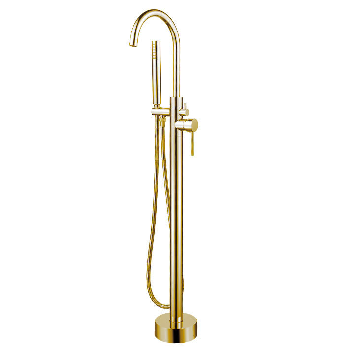 Contemporary Metal Freestanding Faucet Floor Mounted Freestanding Bathtub Faucet Gold Hand Shower Included Ground Clearhalo 'Bathroom Remodel & Bathroom Fixtures' 'Bathtub Faucets' 'bathtub_faucets' 'Home Improvement' 'home_improvement' 'home_improvement_bathtub_faucets' 6681623