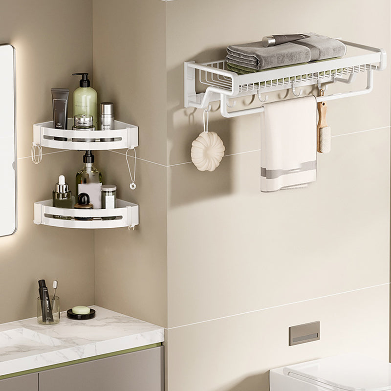 Contemporary Bath Hardware Set in Stainless Aluminum Matte White Robe Hooks/Bath Shelf Single Bar Towel Rack + Bath Shelf (Triangle) Clearhalo 'Bathroom Hardware Sets' 'Bathroom Hardware' 'Bathroom Remodel & Bathroom Fixtures' 'bathroom_hardware_sets' 'Home Improvement' 'home_improvement' 'home_improvement_bathroom_hardware_sets' 6688528