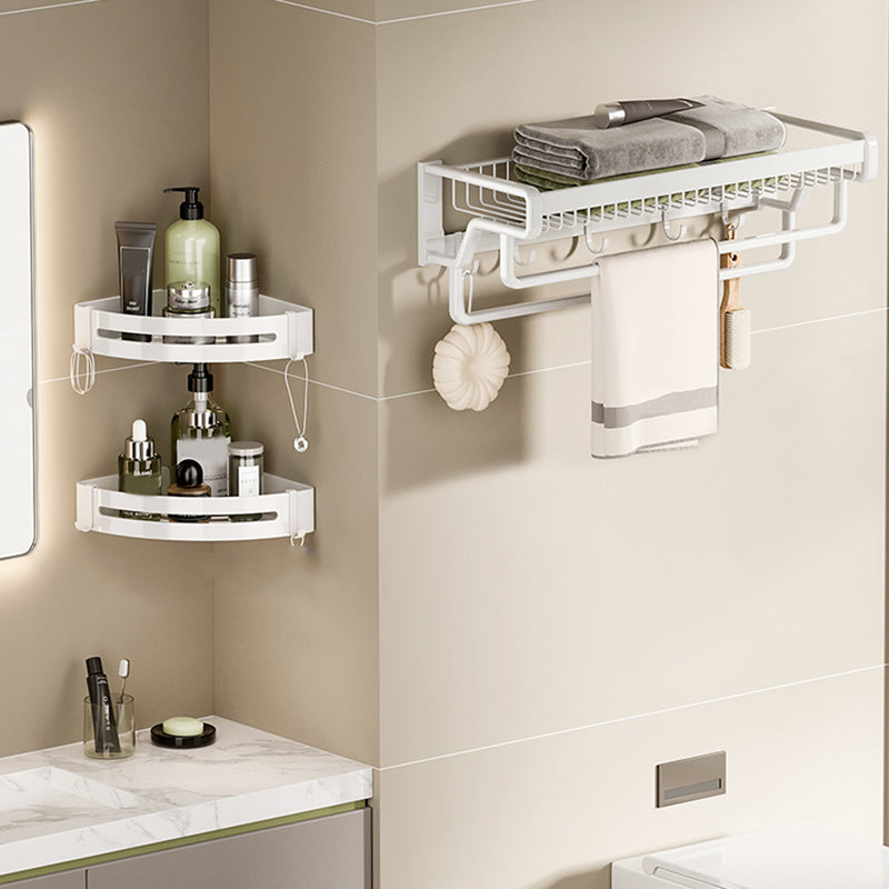 Contemporary Bath Hardware Set in Stainless Aluminum Matte White Robe Hooks/Bath Shelf Double Bars Towel Rack + Bath Shelf (Triangle) Clearhalo 'Bathroom Hardware Sets' 'Bathroom Hardware' 'Bathroom Remodel & Bathroom Fixtures' 'bathroom_hardware_sets' 'Home Improvement' 'home_improvement' 'home_improvement_bathroom_hardware_sets' 6688530
