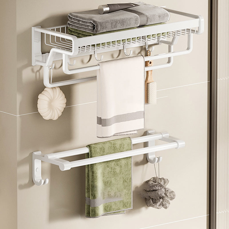 Contemporary Bath Hardware Set in Stainless Aluminum Matte White Robe Hooks/Bath Shelf Double Bars Towel Rack + Towel Bar Clearhalo 'Bathroom Hardware Sets' 'Bathroom Hardware' 'Bathroom Remodel & Bathroom Fixtures' 'bathroom_hardware_sets' 'Home Improvement' 'home_improvement' 'home_improvement_bathroom_hardware_sets' 6688534