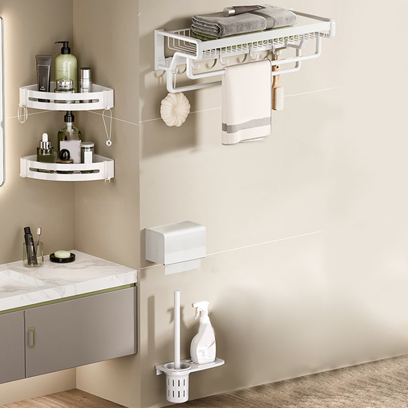 Contemporary Bath Hardware Set in Stainless Aluminum Matte White Robe Hooks/Bath Shelf Double Bars 5-Piece Set (Toilet Brush) Clearhalo 'Bathroom Hardware Sets' 'Bathroom Hardware' 'Bathroom Remodel & Bathroom Fixtures' 'bathroom_hardware_sets' 'Home Improvement' 'home_improvement' 'home_improvement_bathroom_hardware_sets' 6688551