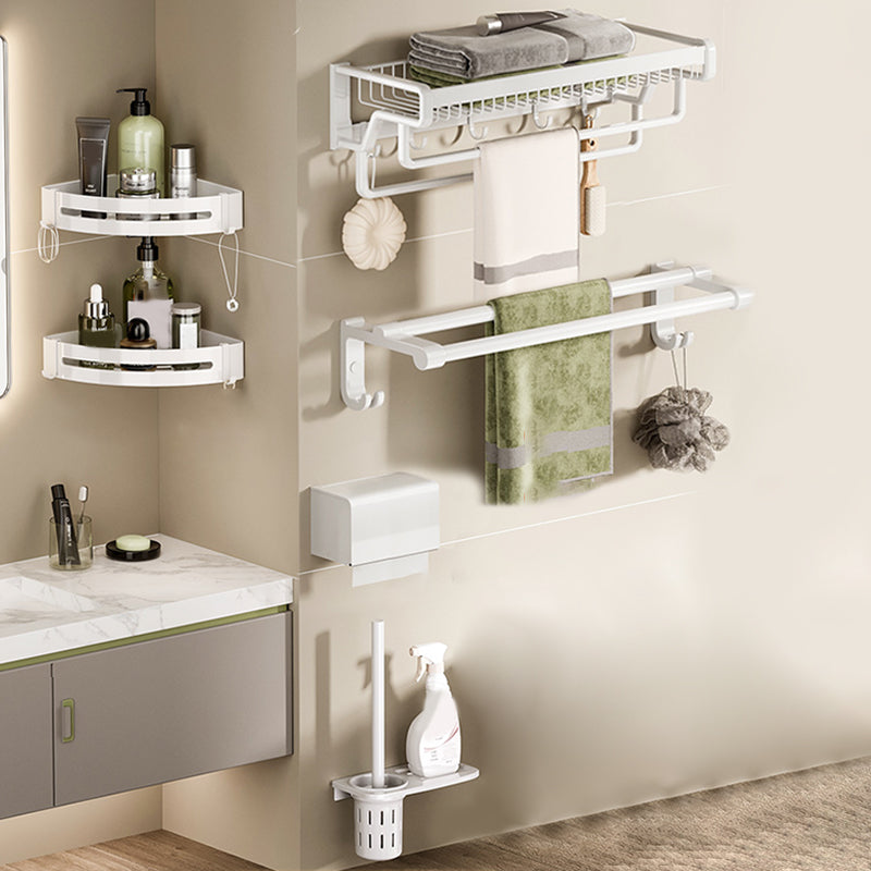 Contemporary Bath Hardware Set in Stainless Aluminum Matte White Robe Hooks/Bath Shelf Double Bars 6-Piece Set Clearhalo 'Bathroom Hardware Sets' 'Bathroom Hardware' 'Bathroom Remodel & Bathroom Fixtures' 'bathroom_hardware_sets' 'Home Improvement' 'home_improvement' 'home_improvement_bathroom_hardware_sets' 6688554