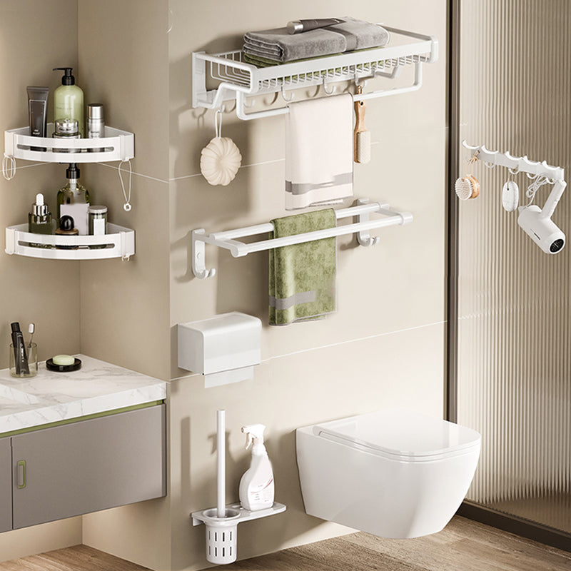 Contemporary Bath Hardware Set in Stainless Aluminum Matte White Robe Hooks/Bath Shelf Single Bar 7-Piece Set Clearhalo 'Bathroom Hardware Sets' 'Bathroom Hardware' 'Bathroom Remodel & Bathroom Fixtures' 'bathroom_hardware_sets' 'Home Improvement' 'home_improvement' 'home_improvement_bathroom_hardware_sets' 6688555