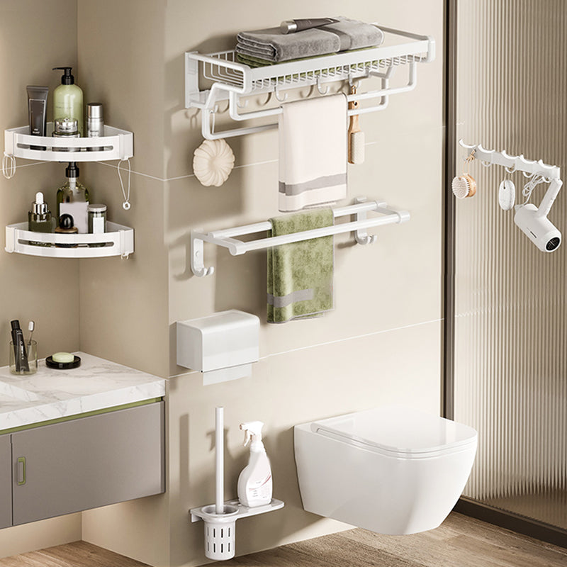 Contemporary Bath Hardware Set in Stainless Aluminum Matte White Robe Hooks/Bath Shelf Double Bars 7-Piece Set Clearhalo 'Bathroom Hardware Sets' 'Bathroom Hardware' 'Bathroom Remodel & Bathroom Fixtures' 'bathroom_hardware_sets' 'Home Improvement' 'home_improvement' 'home_improvement_bathroom_hardware_sets' 6688556