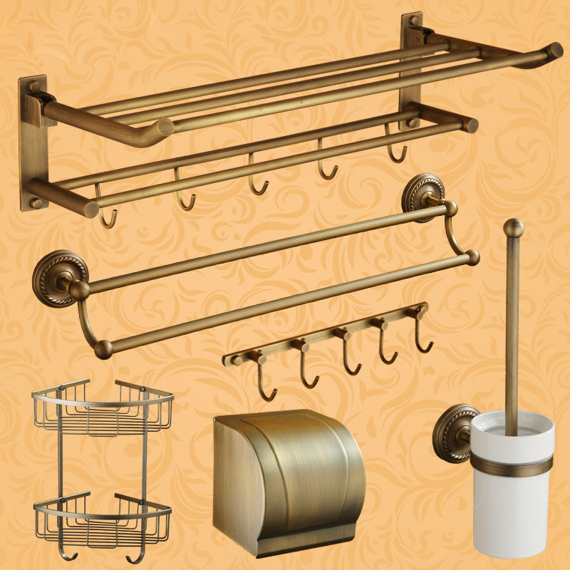 Distressed Brass Traditional Bathroom Set with Bath Shelf/Paper Holder & Towel Bar Clearhalo 'Bathroom Hardware Sets' 'Bathroom Hardware' 'Bathroom Remodel & Bathroom Fixtures' 'bathroom_hardware_sets' 'Home Improvement' 'home_improvement' 'home_improvement_bathroom_hardware_sets' 6688675