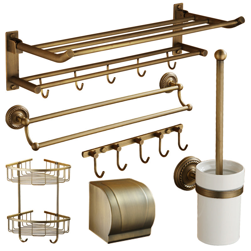 Distressed Brass Traditional Bathroom Set with Bath Shelf/Paper Holder & Towel Bar Clearhalo 'Bathroom Hardware Sets' 'Bathroom Hardware' 'Bathroom Remodel & Bathroom Fixtures' 'bathroom_hardware_sets' 'Home Improvement' 'home_improvement' 'home_improvement_bathroom_hardware_sets' 6688684