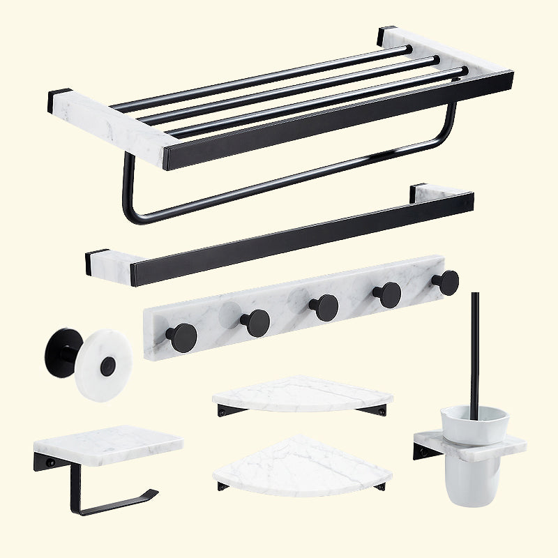 Matte Black Bathroom Accessory Set in Metal & Marble with Bath Shelf/Towel Bar 8-Piece Set (Single Rod) Clearhalo 'Bathroom Hardware Sets' 'Bathroom Hardware' 'Bathroom Remodel & Bathroom Fixtures' 'bathroom_hardware_sets' 'Home Improvement' 'home_improvement' 'home_improvement_bathroom_hardware_sets' 6688749
