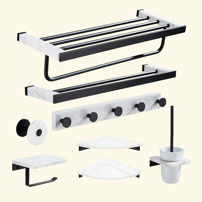 Matte Black Bathroom Accessory Set in Metal & Marble with Bath Shelf/Towel Bar 8-Piece Set (Double Rods) Clearhalo 'Bathroom Hardware Sets' 'Bathroom Hardware' 'Bathroom Remodel & Bathroom Fixtures' 'bathroom_hardware_sets' 'Home Improvement' 'home_improvement' 'home_improvement_bathroom_hardware_sets' 6688750