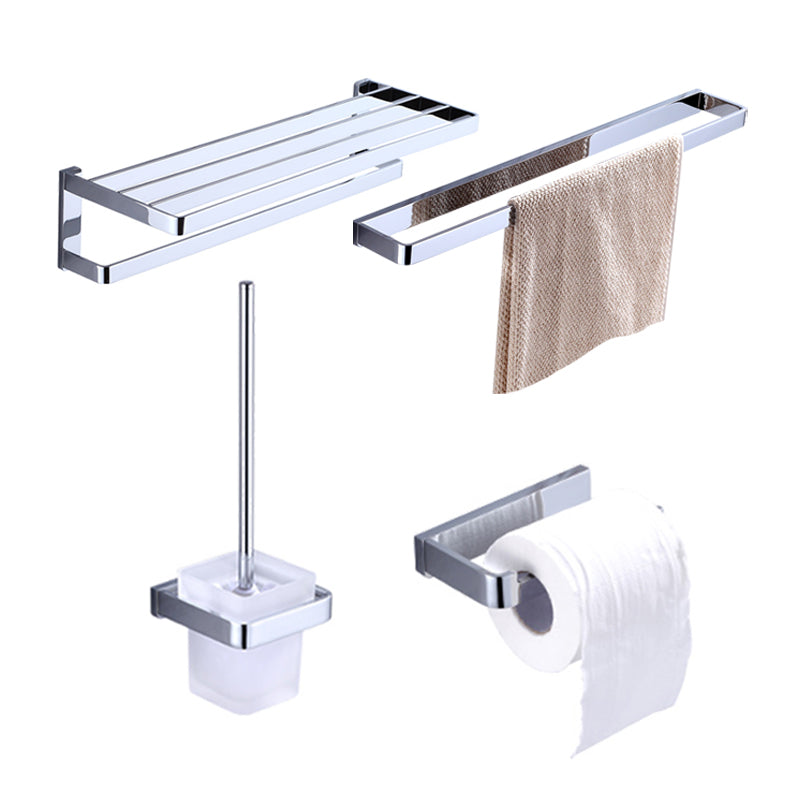Chrome Brass Moderne Bathroom Accessory Set with Towel Bar/ Ring/Paper Holder & Robe Hook Single Bar 4-Piece Set Clearhalo 'Bathroom Hardware Sets' 'Bathroom Hardware' 'Bathroom Remodel & Bathroom Fixtures' 'bathroom_hardware_sets' 'Home Improvement' 'home_improvement' 'home_improvement_bathroom_hardware_sets' 6688784
