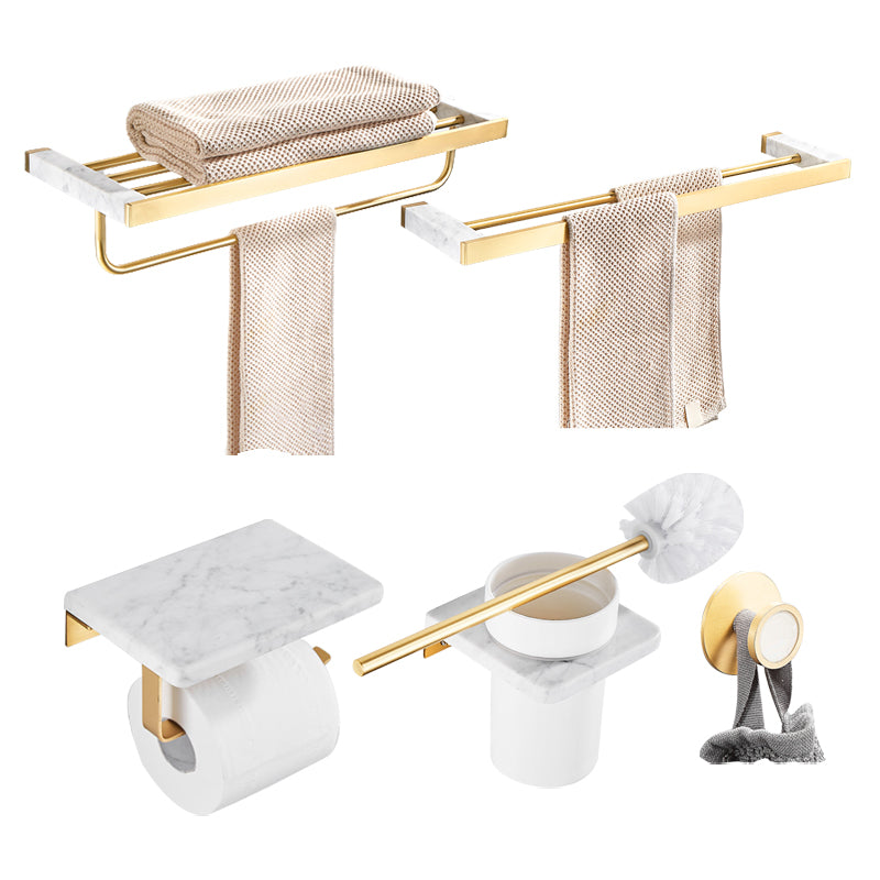 Brushed Brass Bathroom Accessory Set Metal & Marble Bathroom Hardware Set with Bath Shelf 5-Piece Set (Double Rods) Clearhalo 'Bathroom Hardware Sets' 'Bathroom Hardware' 'Bathroom Remodel & Bathroom Fixtures' 'bathroom_hardware_sets' 'Home Improvement' 'home_improvement' 'home_improvement_bathroom_hardware_sets' 6688813