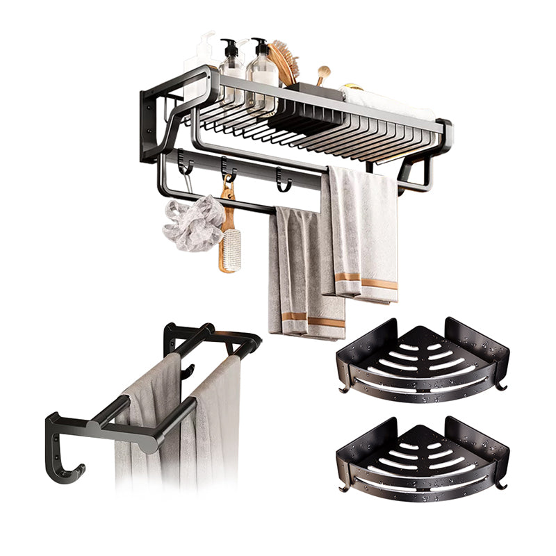 Contemporary Bath Hardware Set in Stainless Aluminum Matte Gray Robe Hooks/Towel Bar Black Double Bars 4-Piece Set (Towel Bar) Clearhalo 'Bathroom Hardware Sets' 'Bathroom Hardware' 'Bathroom Remodel & Bathroom Fixtures' 'bathroom_hardware_sets' 'Home Improvement' 'home_improvement' 'home_improvement_bathroom_hardware_sets' 6689311